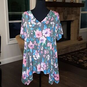 Flamingo Gray with Floral Print Vee Neck Shirt